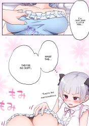 2girls big_breasts blush breasts cute doujin doujinshi english_text female female_only incest light-skinned_female lin_(artist) manga multiple_girls nail_polish pink_eyes short_hair siblings silver_hair sisters sleep_molestation sleeping text touching_breast twins twintails unconscious yuri