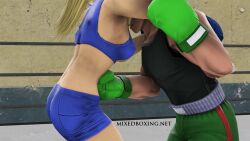 1boy 1girls 3d 3d_(artwork) alternate_angle angry arms_around_partner big_breasts bimbo black_hair black_tank_top blonde_hair blue_boxing_gloves blue_gloves blue_green_eyes blue_shorts blue_sports_bra boxing boxing_gloves boxing_match boxing_ring boxing_shorts breasts casual_outfit_(metroid) company_connection crossover female gloves green_boxing_gloves green_gloves green_shorts gut_punch height_difference intimate light-skinned_female light-skinned_male light_skin little_mac long_hair male metroid midriff milf mixed_boxing mixedboxingart nintendo older_female older_female_younger_male ponytail punch punch_out punching samus_aran sfm shorts source_filmmaker sports_bra tank_top teenager tied_hair younger_male zero_suit zero_suit_samus