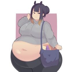 1girls bag big_breasts fat food hair_bun hololive hololive_english hololive_myth hoodie huge_belly napolitane ninomae_ina'nis plump purple_hair short_hair tagme virtual_youtuber