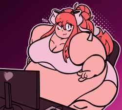 ... 1girls computer doki_doki_literature_club fat female huge_belly looking_at_viewer monika_(doki_doki_literature_club) obese ponytail shocked sitting_on_chair tagme white_bra white_panties white_ribbon
