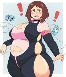 !! 2girls boku_no_hero_academia brown_hair chubby chubby_female fat hagakure_tooru hagakure_tooru_(invisible) hero_outfit_(mha) huge_belly huge_breasts invisible_girl multiple_girls my_hero_academia napolitane ochako_uraraka ochako_uraraka_(hero_outfit) string surprised thick_thighs tooru_hagakure wardrobe_malfunction