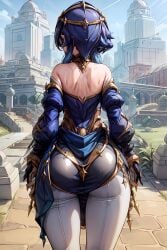 ai_generated ass blue_hair blue_hood blush detached_sleeves female from_behind genshin_impact gloves hood layla_(genshin_impact) leggings long_hair looking_away pants pointy_ears shiny shiny_clothes shiny_hair sideboob solo thighhighs very_long_hair