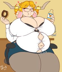 1girls bra_visible_through_clothes button_down_shirt button_gap cow_ears cow_girl eating fat glasses happy heart hearts_around_head huge_breasts juice_inyoureye(artist) office_lady orange_hair sequence sloshing_breasts stockings stomach_noises tangerine_(juice_inyoureye) weight_gain