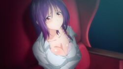 1girls aoba_yuzuki blush bra breasts cleavage clothing medium_breasts purple_hair red_eyes screencap tenpuru