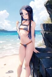 1girls arm_behind_back bare_shoulders beach blue_eyes breasts chromatic_aberration collarbone dark_hair eunhwa eunhwa_(nikke) ex-mist eyebrows female female_only forehead goddess_of_victory:_nikke highres holding_hair light-skinned_female light_skin long_hair looking_at_viewer navel ocean small_breasts smile starfish swimsuit thin_eyebrows thin_female