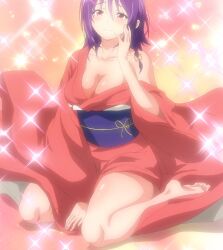 1girls aoba_yuzuki breasts cleavage clothing kimono medium_breasts purple_hair red_eyes screencap tenpuru thick_thighs thighs