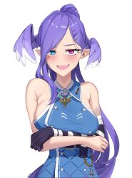 ameiarts bare_shoulders big_breasts blue_eyes blush blushing_at_viewer clothed crossed_arms dragon_girl eyes_open flesh_fang heterochromia light_blue_eyes looking_at_viewer nijisanji nijisanji_en open_mouth pink_eyes pointy_ears ponytail purple_hair pushing_breasts_up selen_tatsuki selen_tatsuki_(2nd_costume) shoulders shy sideboob smile virtual_youtuber white_background