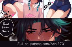 2boys annidrw blush braid close-up comic english_text femboy gay genshin_impact girly green_hair heart male_only otoko_no_ko patreon shorts smile sweat thick_thighs thighs twink venti_(genshin_impact) watermark xiao_(genshin_impact) yaoi yellow_eyes