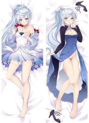 bare_legs bare_shoulders barefoot black_panties blue_dress blue_eyes breasts commentary_request dakimakura_(medium) dakimakura_design dress dual_persona feet female high_heels holding holding_clothes holding_dress jewelry knees_together_feet_apart legs lying moeanime mystral_outfit necklace no_scar panties pigeon-toed ponytail pussy rwby shoes shrug_(clothing) small_breasts thigh_gap tiara toenails toes uncensored underwear vale_outfit weiss_schnee weiss_schnee_(mystral) weiss_schnee_(vale) white_dress white_hair