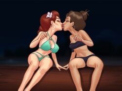 2d 2girls beach becca_(summertime_saga) belly_piercing big_breasts bikini bikini_bottom bikini_top bottle bottomwear braid braided_hair braided_ponytail breasts brown_hair cameltoe closed_eyes clothed clothing darkcookie digital_drawing_(artwork) digital_media_(artwork) duo ear_piercing earrings female female_focus female_only flower flower_in_hair freckles freckles_on_breasts freckles_on_chest freckles_on_face happy kissing leaning leaning_forward light-skinned_female light_skin log long_hair looking_to_the_side medium_breasts missy_(summertime_saga) multiple_girls nipples_visible_through_clothing pale-skinned_female pale_skin panties petite petite_body piercing piercings ponytail pussy_lips pussy_peek red_hair sand sitting_on_log slim_waist small_breasts summertime_saga tanline tanlines thick_thighs thong_bikini topwear yuri