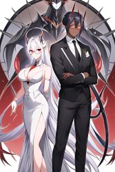 ai_generated black_suit dark-skinned_male dark_skin demon demon_female demon_male female male white_dress