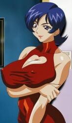 1girls accurate_art_style blue_hair breasts cleavage clothing dr._marilyn erect_nipples hips large_breasts marine_a_go-go milf nipples_visible_through_clothing pink_pineapple purple_eyes screencap screenshot tummy