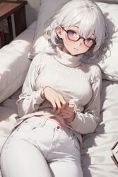 ai_generated bed glasses jea jeans lying short_hair stable_diffusion turtleneck white_hair