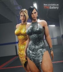 3d 3d_(artwork) amber_bailey arrogant black_hair blender calves confident crystal_bailey dead_rising dead_rising_2 dominant dominant_female dominatrix double_team dress duo female_focus femme_fatale form_fitting hallway heels helpless highres legs locker_room looking_at_viewer muscular muscular_calves muscular_female muscular_legs muscular_thighs sequin_dress short_hair skirt smug smug_face tease tekken7wallpapers thick_ass thick_thighs thighs upskirt