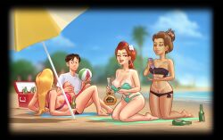 1boy 2d 3girls alcohol areolae ball beach beach_ball beach_towel beach_umbrella becca_(summertime_saga) belly_piercing big_breasts bikini bikini_bottom bikini_top black_border blonde_hair blue_eyes bottle bottomwear bra braid braided_hair braided_ponytail breasts brown_hair cameltoe clothed clothing darkcookie digital_drawing_(artwork) digital_media_(artwork) ear_piercing earrings excited female flashing flashing_breasts flower flower_in_hair freckles freckles_on_breasts freckles_on_chest freckles_on_face happy holding holding_bottle holding_object laying_down laying_on_back light-skinned_female light-skinned_male light_skin long_hair looking_at_another looking_at_partner main_character_(summertime_saga) male male/female medium_breasts missy_(summertime_saga) nipples nipples_visible_through_clothing on_back on_floor on_knees pale-skinned_female pale_skin panties petite petite_body piercing piercings ponytail pubic_hair pussy_lips red_hair roxxy_(summertime_saga) sand shirt shorts sitting slim_waist small_breasts smile smiling summertime_saga suncream tanline tanlines thick_thighs thong_bikini topwear