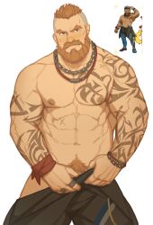 1boy bara beard blue_eyes brown_hair bushy_eyebrows covering covering_crotch destroyer_(ni_no_kuni) dilf facial_hair looking_down male male_only manly muscular muscular_male ni_no_kuni_cross_worlds penis penis_out ponytail pubic_hair ryker shaved_head solo solo_focus solo_male standing tattoo tattooed_arm tattoos