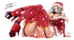 ass black_belt black_heels blue_hair boobs breasts butt christmas christmas_clothing christmas_outfit cleavage earring garter_straps gold_earrings heels sitting thighhighs tits xamrock