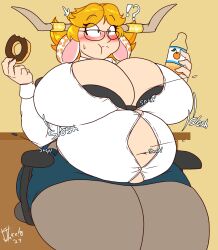 1girls belly_expansion black_bra blush bra_visible_through_clothes breast_expansion button_down_shirt button_gap button_pop cow_ears cow_girl eating embarrassed fat juice_inyoureye(artist) office_lady orange_hair sequence sitting_on_chair sloshing_breasts stockings surprised tagme tangerine_(juice_inyoureye) thick_thighs wardrobe_malfunction weight_gain wide_hips