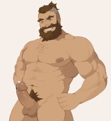 1boy balls ballsack bara beard big_penis blue_eyes brown_hair bushy_eyebrows camerion_camill cum destroyer_(ni_no_kuni) dilf erect_penis erection facial_hair looking_down male male_only manly muscular muscular_male ni_no_kuni_cross_worlds penis penis_out ponytail precum pubic_hair shaved_head smiling solo solo_focus solo_male standing testicles