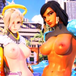 3d angela_ziegler ass ass_focus black_hair blonde_hair blue_eyes breasts brown_eyes duo fareeha_amari mercy overwatch overwatch_2 pharah sunny thighs tits_out vanezza