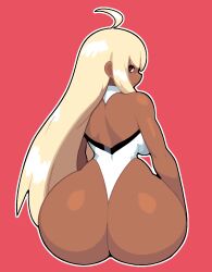 1girls 2d_(artwork) adnyc ass blonde_hair breasts clothing dark-skinned_female dat_ass hips huge_ass large_ass long_hair looking_at_viewer looking_back red_eyes simple_background wide_hips