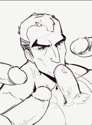 balls blizzard_entertainment blowjob blowjob_only boner erection face_closeup kaito_draws male male_focus male_only monochrome multiple_penises muscles muscular oral overwatch penis sigma_(overwatch)