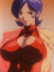 1girls accurate_art_style areolae big_breasts blue_hair breasts busty cleavage clothing confident dr._marilyn large_breasts looking_at_viewer marine_a_go-go milf nipples pink_pineapple purple_eyes screencap screenshot seductive seductive_smile skin_tight smile stitched