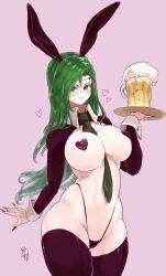 1girls alcohol alternate_costume annand_(fire_emblem) bare_midriff beer beer_mug between_breasts bikini_uniform black_panties breasts bunny_ears bunnysuit covered_nipples drink female female_only fire_emblem fire_emblem:_genealogy_of_the_holy_war green_eyes green_nails huge_breasts long_hair long_nails looking_at_viewer midriff mug nails nintendo panties pasties pink_background revealing_clothes reverse_bunnysuit reverse_outfit smile solo ta_dasu_(tadasu_hayashi) thighhighs thong tie underwear upper_body very_long_hair waitress