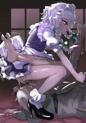 1boy absurdres amazon_position assertive_female blue_dress bow braid clothed_sex clothes_grab dress expressionless female green_bow grey_hair gunnjou_yosio high_heels highres indoors izayoi_sakuya leg_grab leg_hair red_eyes sakuya_izayoi sex short_sleeves straight touhou twin_braids window