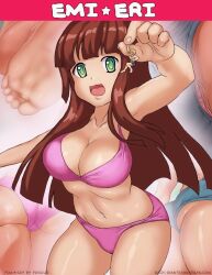 1boy 1girls 2d :3 barefoot bikini brown_hair color comic_cover feet giantess green_eyes holding_by_arm large_ass large_breasts larger_female macro micro open_mouth original original_character panties pogojo shorts size_difference smaller_female smile thick_cheeks thick_thighs voluptuous_female