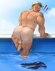 accidental_exposure ass backsack balls beard blizzard_entertainment blush embarrassed facial_hair flaccid gay looking_back male male_only muscles muscular nude overwatch penis pool rickpenman scuba_sigma shocked sigma_(overwatch) solo solo_male tanline water wet white_hair