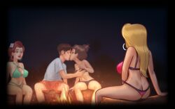 1boy 2d 3girls ass beach becca_(summertime_saga) big_ass big_breasts bikini bikini_bottom bikini_top blonde_hair blonde_hair bottle bottomwear braid braided_hair braided_ponytail breasts brown_hair brown_hair cameltoe campfire closed_eyes clothed clothing darkcookie digital_drawing_(artwork) digital_media_(artwork) ear_piercing earrings female female_focus flower flower_in_hair freckles freckles_on_breasts freckles_on_chest freckles_on_face happy kissing leaning leaning_forward light-skinned_female light-skinned_male light_skin log long_hair looking_at_partner looking_to_the_side main_character_(summertime_saga) male male/female medium_breasts missy_(summertime_saga) nipples_visible_through_clothing pale-skinned_female pale_skin panties petite petite_body piercing piercings ponytail pussy_lips pussy_peek red_hair red_hair roxxy_(summertime_saga) rubbing rubbing_pussy sand shirt shorts sideboob sitting_on_log slim_waist small_breasts summertime_saga surprised surprised_expression tanline tanlines thick_ass topwear watching