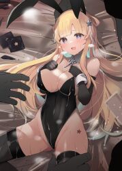 3boys animal_ears bed_sheet black_gloves black_leotard black_thighhighs blonde_hair blue_eyes blush breasts cleavage condom condom_wrapper detached_collar elbow_gloves fake_animal_ears female fletcher_(kantai_collection) gloves groin hair_ornament kantai_collection large_breasts leotard long_hair multiple_boys open_mouth rabbit_ears shin_(new) solo_focus star_(symbol) star_hair_ornament strapless strapless_leotard thighhighs