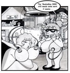 2023 2girls bewlvr breast_expansion commission english_text female female_only femdom femsub glasses greyscale hi_res hucow huge_breasts lactation maude_flanders milking milking_machine mrs._frink ray_gun scientist speech_bubble the_simpsons traditional_media_(artwork)