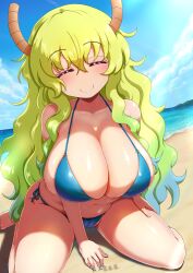 1girls alternate_version_available big_breasts bikini bikini_bottom bikini_top blonde_hair blue_bikini blush bottomwear breasts cleavage closed_eyes female female_only hair hand_on_thigh horns huge_breasts large_breasts long_hair looking_at_viewer mature mature_female mature_woman miss_kobayashi's_dragon_maid nail_polish nails ozrereresan quetzalcoatl_(dragon_maid) smile solo solo_female swimwear topwear two_tone_hair