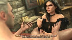 1boy 1girls 3d black_hair breasts cd_projekt_red choker cuckold english_text femdom geralt_of_rivia handjob hi_res humiliation medium_breasts micropenis nipples one-finger_handjob perky_breasts purple_eyes small_penis small_penis_humiliation stephanie23 text the_witcher_(series) the_witcher_3:_wild_hunt yennefer