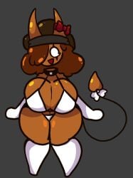 big_ass big_breasts big_butt bikini bikini_bottom bikini_top bow bow_on_tail brown_hair brown_skin collar demon demon_girl demon_horns demon_tail floating_head gsup41269_(artist) hair_over_one_eye hat headband headwear heart_tail huge_ass huge_butt leggings long_gloves pointed_feet red_bow scar_across_eye scar_on_face succubus thick_thighs white_eyes white_gloves white_legwear wide_hips