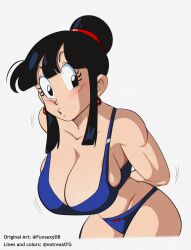 2023 bangs bikini bikini_bottom bikini_top black_hair blush busty chichi color dragon_ball dragon_ball_z ear_piercing edit fringe funsexydragonball hair_bun hourglass_figure large_breasts light-skinned_female light_skin milf notrealatg shounen_jump wide_hips