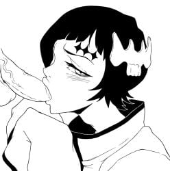 2boys arrancar big_penis black_hair bleach blush facial_markings fellatio femboy khexxi large_penis looking_at_viewer luppi_antenor monochrome oral yaoi