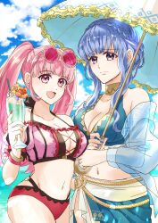 2girls alternate_costume bikini blue_bikini blue_hair blue_swimsuit breasts cloud female female_only filoneko fire_emblem fire_emblem:_three_houses fire_emblem_heroes glasses hilda_valentine_goneril hilda_valentine_goneril_(summer) marianne_von_edmund marianne_von_edmund_(summer) multiple_girls nintendo official_alternate_costume pink_bikini pink_swimsuit swimsuit umbrella wischocco