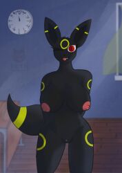 absurd_res anthro anthrofied ass big_breasts big_ears black_body black_fur blacky_(pokemon) breasts canid canine eeveelution female fur generation_2_pokemon genitals hi_res huge_breasts inside koth4 long_tail looking_at_viewer mammal night nintendo nipples nude pokemon pokemon_(species) pussy red_eyes school smile solo solo_focus tail thick_thighs tongue tongue_out umbreon