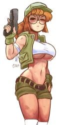 bandages dianx exposed_midriff fingerless_gloves fio_germi flat_belly glasses gun huge_breasts large_breasts metal_slug midriff military military_hat military_jacket military_uniform muscular_female ponytail red_hair round_glasses shorts sweaty underboob white_top