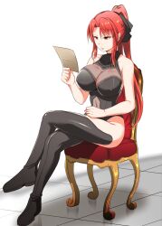 1girls 2d big_breasts breasts breasts_bigger_than_head cg_art color disinterested emotionless expressionless leotard nipple_bulge nipples noblewoman nuko_majin ponytail reading sitting the_scarlet_demonslayer thigh_boots thighhighs uninterested