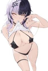 1girls bikini biting_clothes biting_shirt black_hair chyraliss holding_up_breasts hololive hololive_english hololive_english_-advent- lifting_shirt looking_at_viewer multicolored_hair seductive seductive_look shiori_novella solo split-color_hair swimsuit swimwear virtual_youtuber vtuber white_hair yellow_eyes