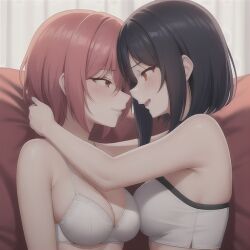 2girls about_to_kiss ai_generated arms_around_neck bedroom big_breasts black_hair blush hi_res original original_character red_hair short_hair shy smiling tagme tagme_(artist) user_lovespike white_bra white_topwear yellow_eyes yuri