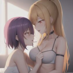 2girls ai_generated arm_band big_breasts blonde_hair hi_res long_hair orange_eyes original original_character pulling_clothing pulling_top_down purple_hair red_eyes short_hair tagme tagme_(artist) user_lovespike white_topwear yuri