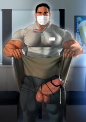 1boy abs apron armpit_hair bara black_hair bodybuilder boner censored censored_penis cum cum_on_penis erection face_mask hairy_armpits hairy_arms hairy_balls hairy_legs hairy_thighs huge_balls huge_cock huge_testicles kuromine_hiraya leaking_cum looking_at_viewer male male_only mask masked masked_male muscle muscles muscular muscular_male muscular_thighs musk musk_clouds nipple_bulge nipples panting pecs pubic_hair server shirt_lift solo solo_male sweat sweat_stain sweatdrop sweating tan_skin tight_clothing tight_shirt waiter yuatari