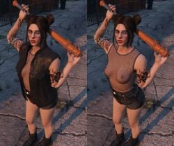 baseball_bat breasts brown_hair double_bun freckles glasses grand_theft_auto grand_theft_auto_online grand_theft_auto_v green_eyes lilith_fulker mesh_shirt nail_polish nipples nopixel on_off shorts solo_female tattoo tattoos yulenp