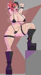 1girls armpit_stubble arms_behind_head boots breasts ellie_walls_(odysseyellie) fanart female female_only fishnet_armwear fishnet_legwear fishnets freckles goth green_eyes high_heels huge_breasts kryptikus kryptraider long_legs multicolored_hair musk nipple_bulge nipples_visible_through_clothing original_character platform_heels pubic_stubble saliva skindentation solo_female spiked_hairband string_bikini sweat sweaty tagme tall tall_female tattoo thick_thighs tongue_out twintails two_tone_hair wide_hips