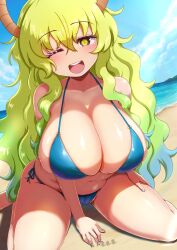 1girls alternate_version_available big_breasts bikini bikini_bottom bikini_top blonde_hair blue_bikini blush bottomwear breasts cleavage female female_only hair hand_on_thigh heterochromia horns huge_breasts large_breasts long_hair looking_at_viewer mature mature_female mature_woman miss_kobayashi's_dragon_maid nail_polish nails one_eye_closed ozrereresan quetzalcoatl_(dragon_maid) solo solo_female swimwear topwear two_tone_hair wink